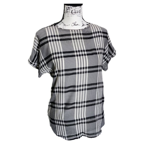 Silk Plaid Windowpane Short Cap Sleeves Round Neck Blouse by Mary Ann Restivo - Picture 5 of 10